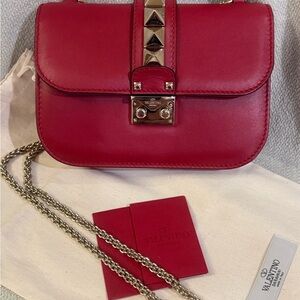Valentino Glam Lock Rockstud Red Leather Small Crossbody Bag
